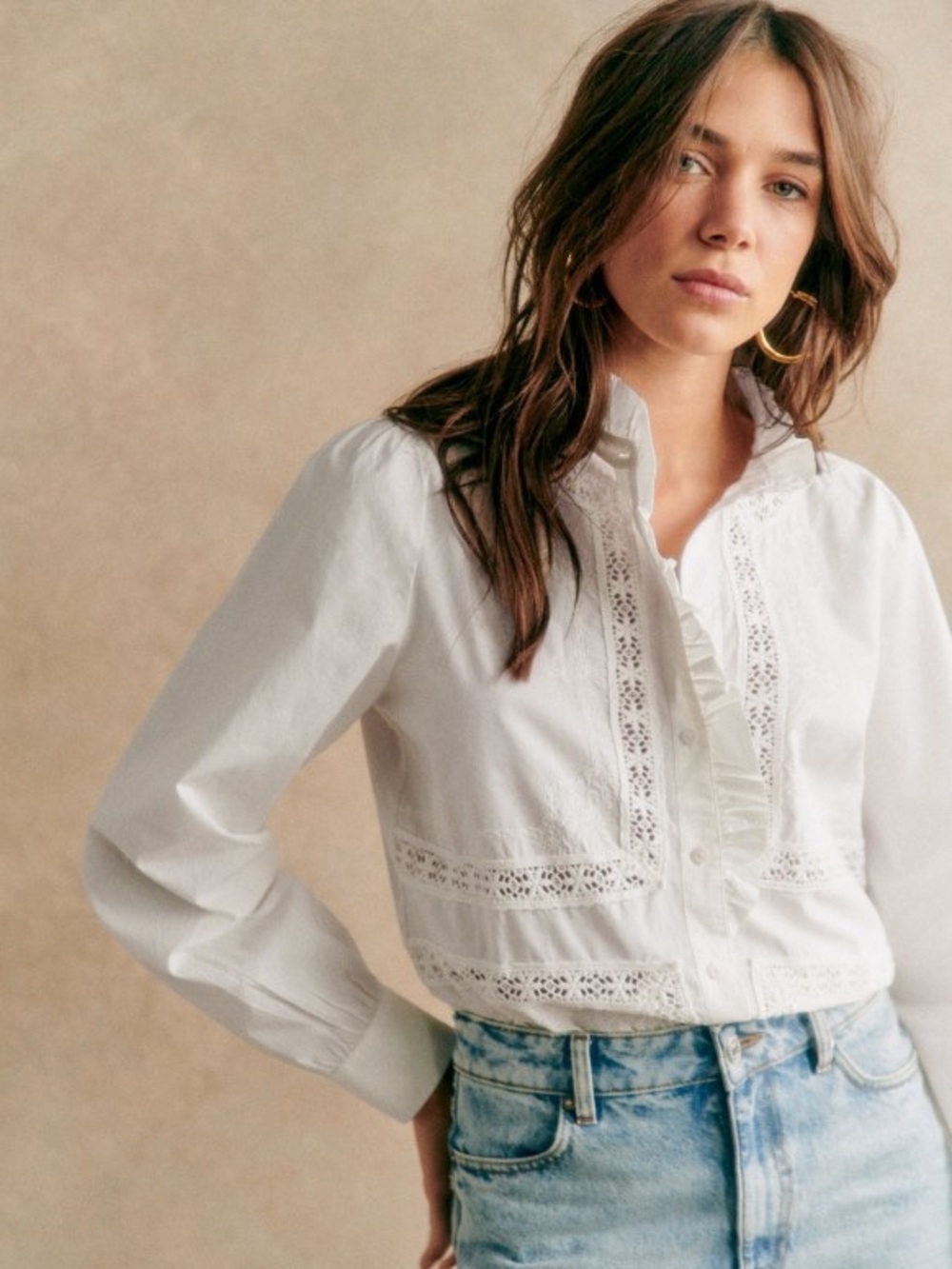 Sezane Ulysse embroidered ruffle crochet button down shirt